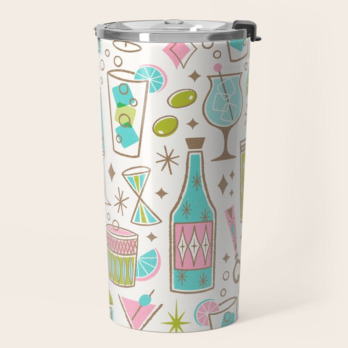 Retro Mid Century Happy Hour - Pink Green and Blue Travel Mug Gallery Image 2