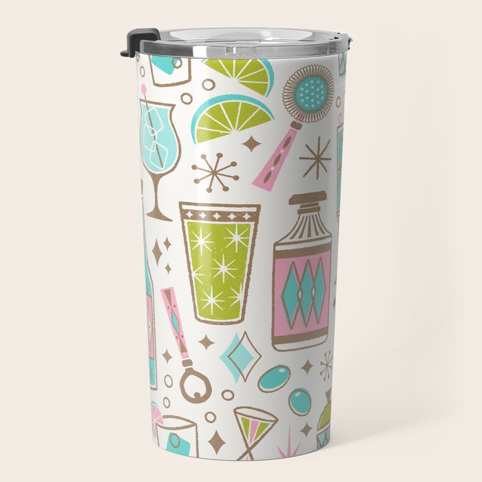 Retro Mid Century Happy Hour - Pink Green and Blue Travel Mug Gallery Image 3