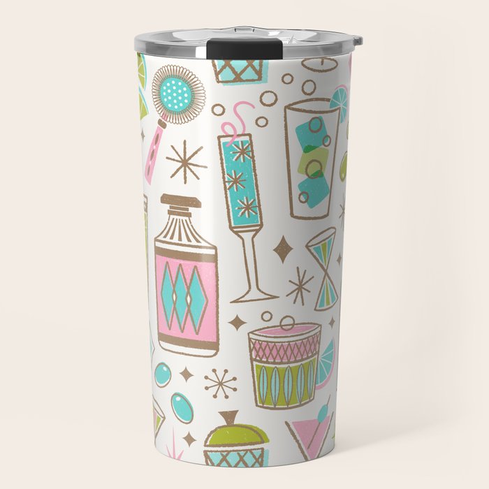Retro Mid Century Happy Hour - Pink Green and Blue Travel Mug Gallery Image 1