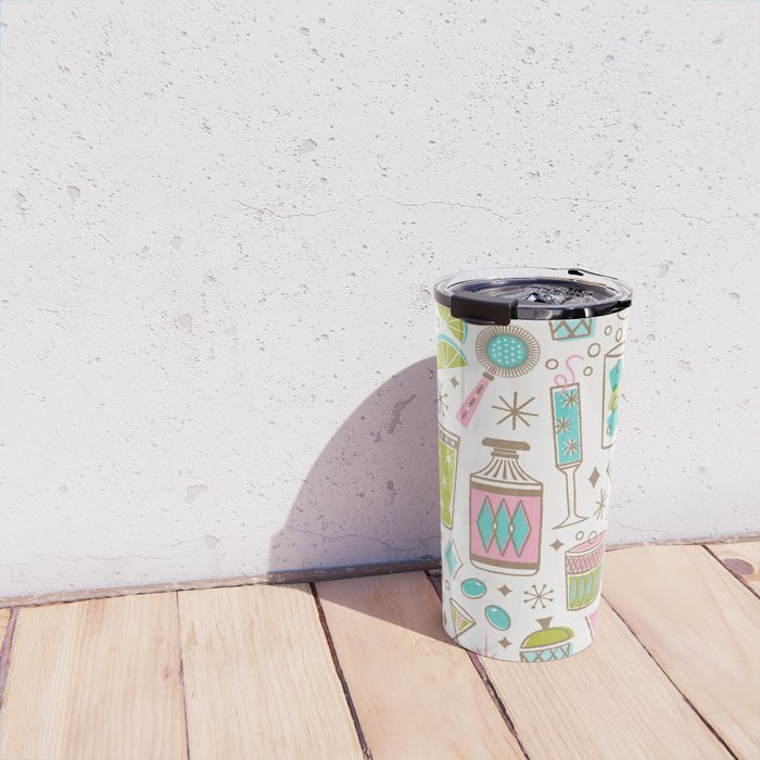 Retro Mid Century Happy Hour - Pink Green and Blue Travel Mug Gallery Image 4