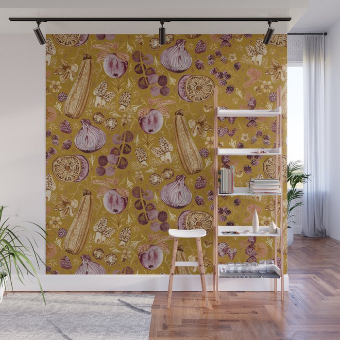 Garden Vegetables & Fresh Fruit in Harvest Yellow Wall Mural Gallery Image 1