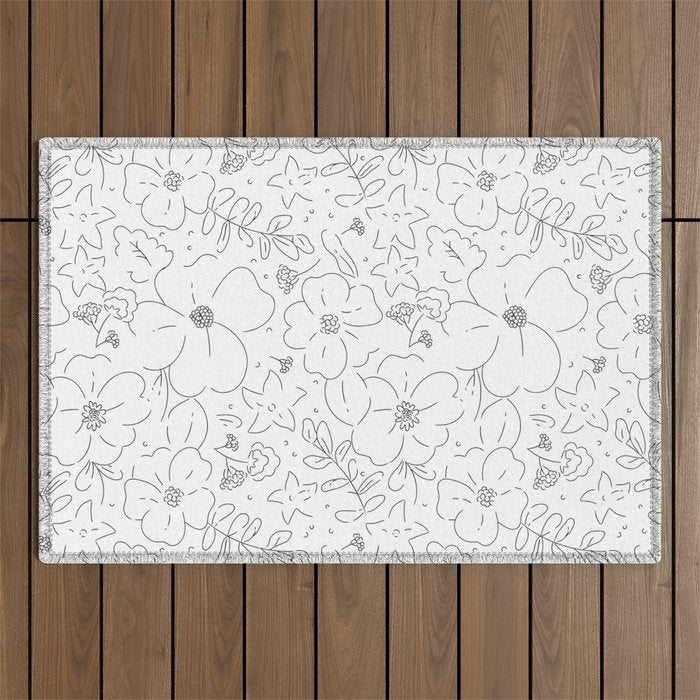 Black and white flower art pattern Outdoor Rug Gallery Image 1