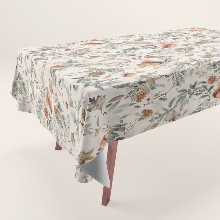 Harvest 2025 Woodland Squirrel Botanical Leaves Watercolor Ecru Tablecloth Gallery Image 1