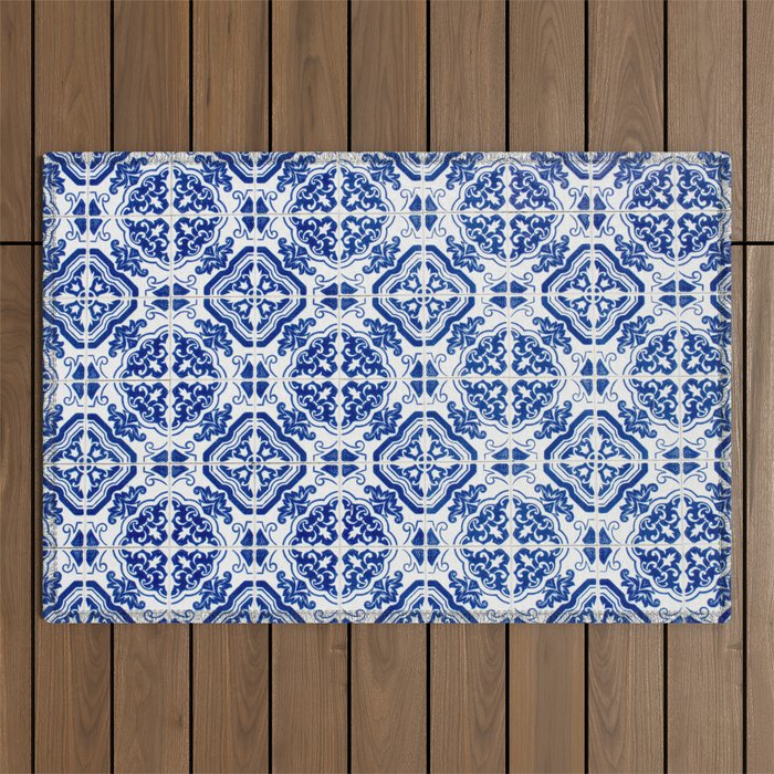 Mediterranean Tile Pattern Portuguese Azulejos Art Outdoor Rug Gallery Image 1