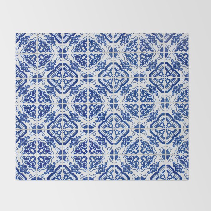 Mediterranean Tile Pattern Portuguese Azulejos Art Throw Blanket Gallery Image 2