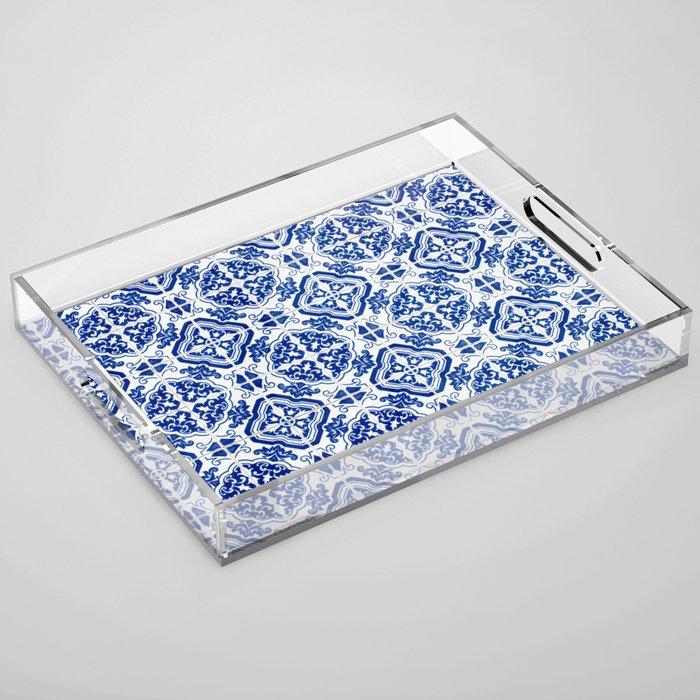 Mediterranean Tile Pattern Portuguese Azulejos Art Acrylic Tray Gallery Image 1