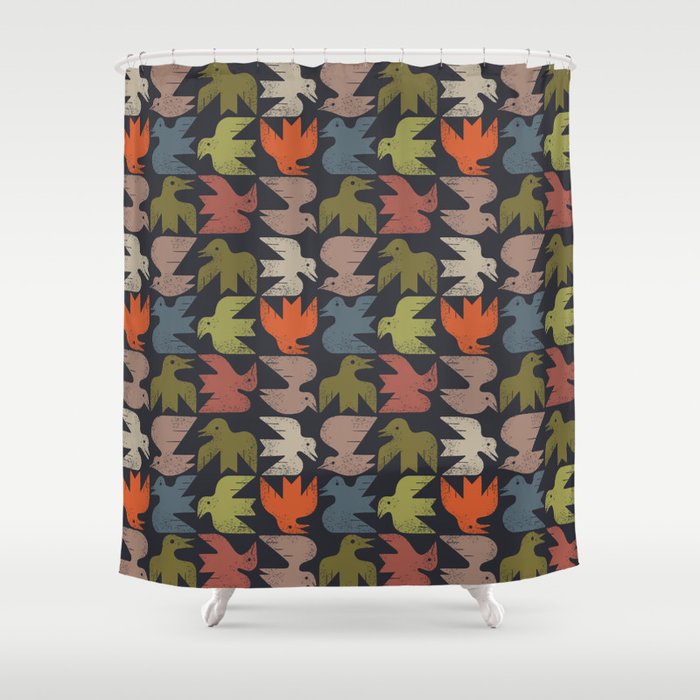 Midcentury Bird Grid (Charcoal) Shower Curtain Gallery Image 1