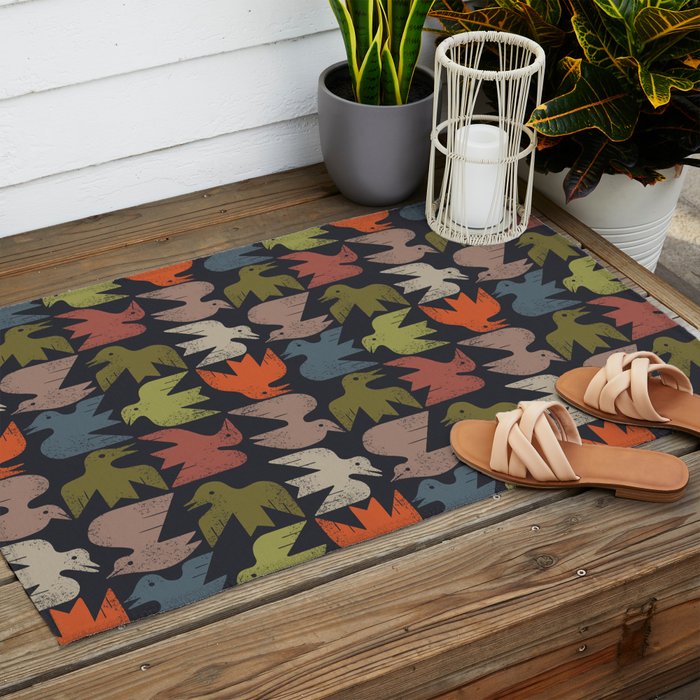 Midcentury Bird Grid (Charcoal) Outdoor Rug Gallery Image 2