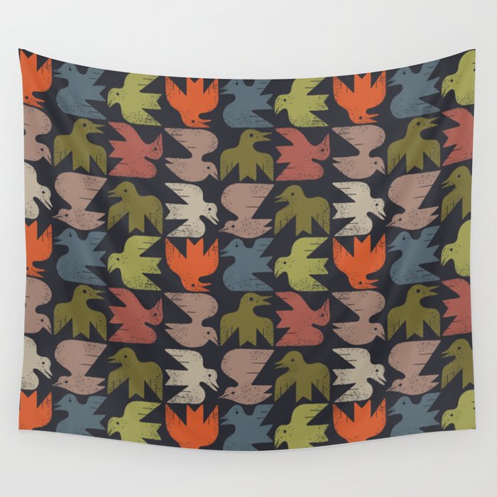 Midcentury Bird Grid (Charcoal) Wall Tapestry Gallery Image 1