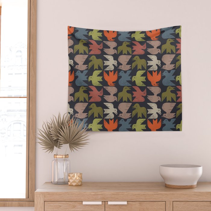 Midcentury Bird Grid (Charcoal) Wall Tapestry Gallery Image 2