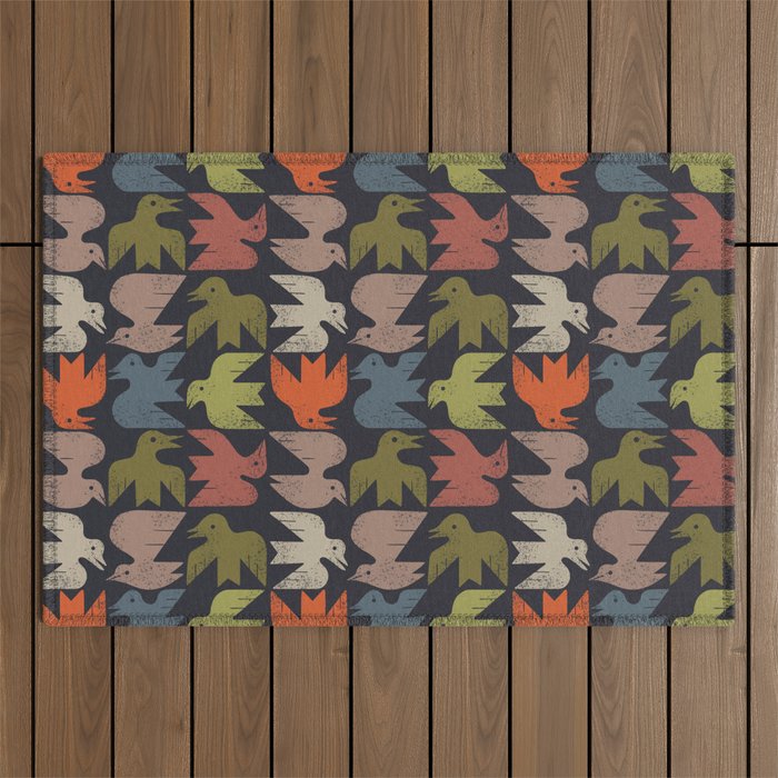 Midcentury Bird Grid (Charcoal) Outdoor Rug Gallery Image 1