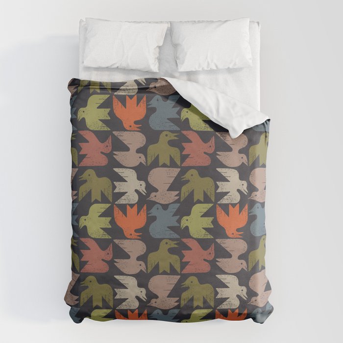 Midcentury Bird Grid (Charcoal) Duvet Cover Gallery Image 1