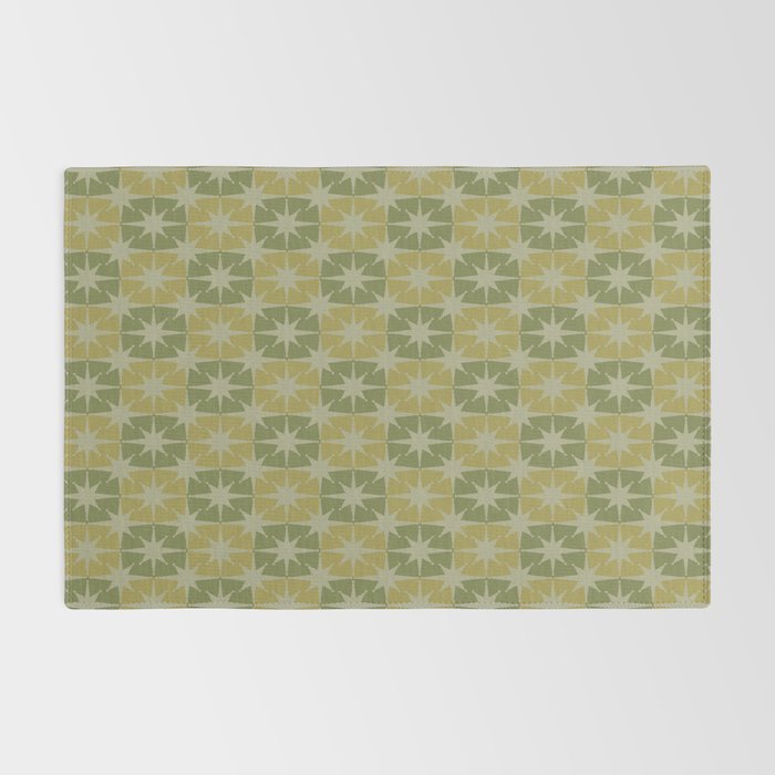 Mid Century Modern Atomic Stars Retro Checkered Starburst Pattern in Vintage Olive Green Tones Rug Gallery Image 2