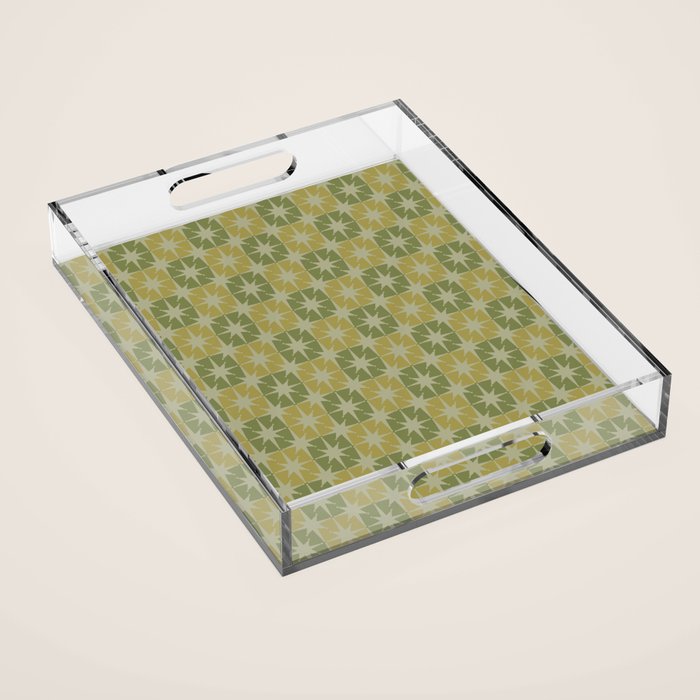 Mid Century Modern Atomic Stars Retro Checkered Starburst Pattern in Vintage Olive Green Tones Acrylic Tray Gallery Image 1