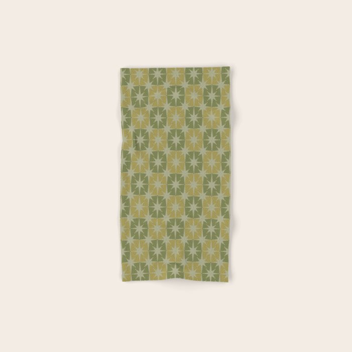 Mid Century Modern Atomic Stars Retro Checkered Starburst Pattern in Vintage Olive Green Tones Bath Towel Gallery Image 1