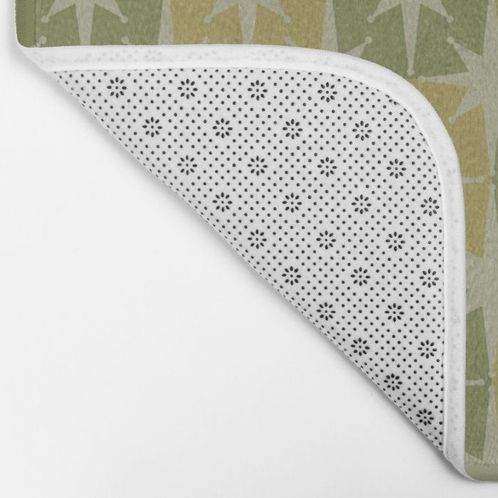 Mid Century Modern Atomic Stars Retro Checkered Starburst Pattern in Vintage Olive Green Tones Bath Mat Gallery Image 2