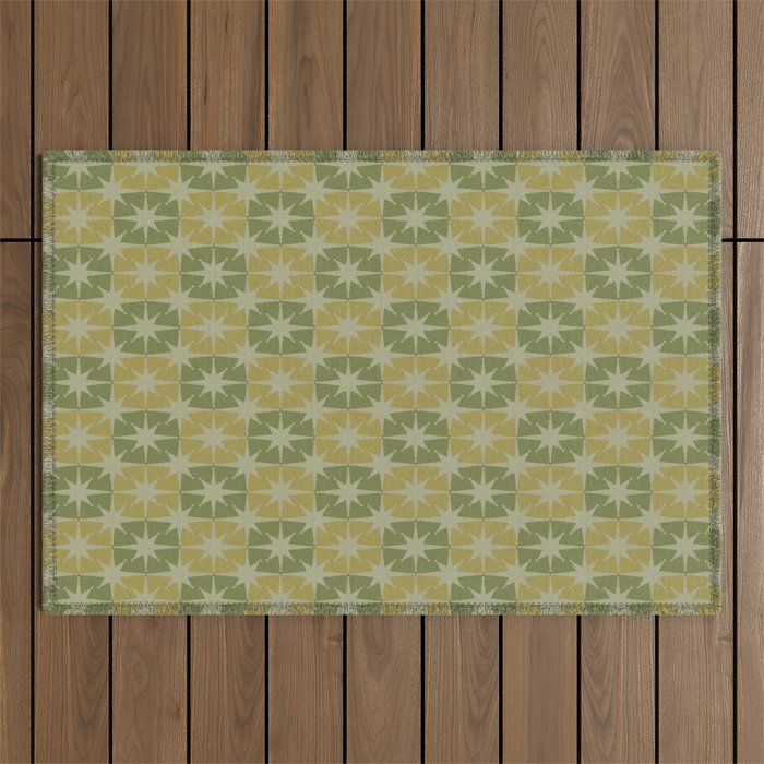Mid Century Modern Atomic Stars Retro Checkered Starburst Pattern in Vintage Olive Green Tones Outdoor Rug Gallery Image 1