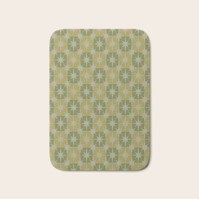 Mid Century Modern Atomic Stars Retro Checkered Starburst Pattern in Vintage Olive Green Tones Bath Mat Gallery Image 1