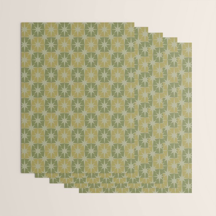 Mid Century Modern Atomic Stars Retro Checkered Starburst Pattern in Vintage Olive Green Tones Wrapping Paper Gallery Image 3