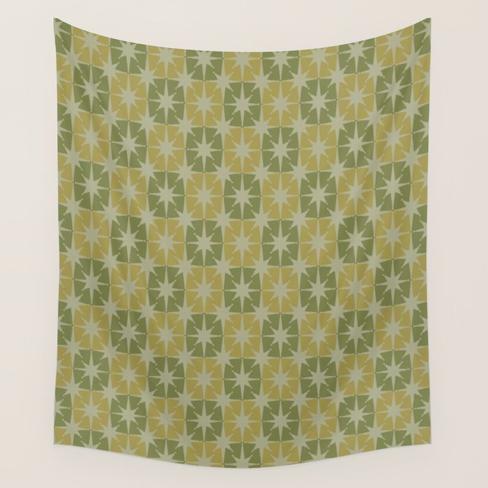 Mid Century Modern Atomic Stars Retro Checkered Starburst Pattern in Vintage Olive Green Tones Wall Tapestry Gallery Image 1