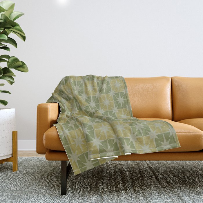 Mid Century Modern Atomic Stars Retro Checkered Starburst Pattern in Vintage Olive Green Tones Throw Blanket Gallery Image 1