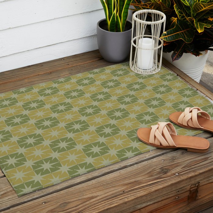 Mid Century Modern Atomic Stars Retro Checkered Starburst Pattern in Vintage Olive Green Tones Outdoor Rug Gallery Image 2