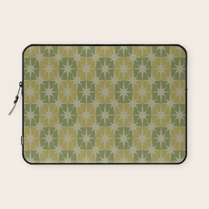 Mid Century Modern Atomic Stars Retro Checkered Starburst Pattern in Vintage Olive Green Tones Laptop Sleeve Gallery Image 1