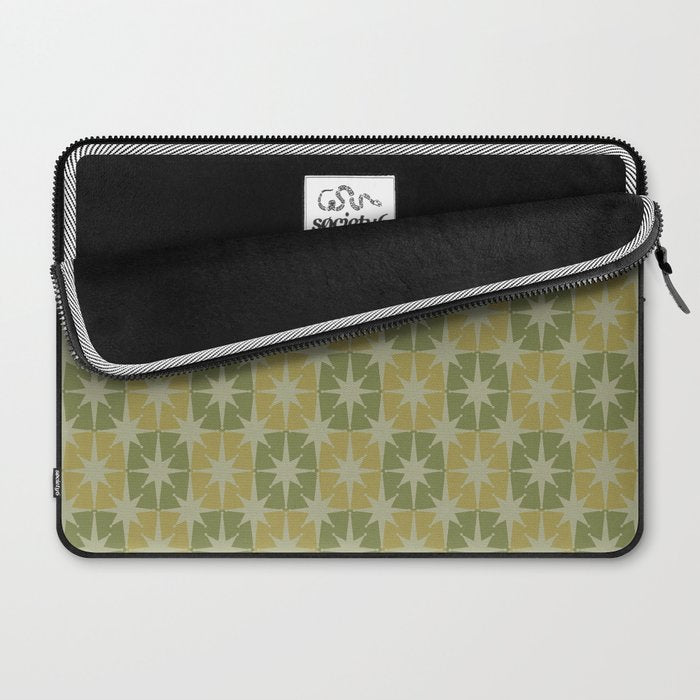 Mid Century Modern Atomic Stars Retro Checkered Starburst Pattern in Vintage Olive Green Tones Laptop Sleeve Gallery Image 2