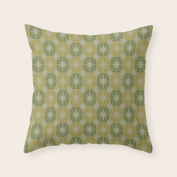 Mid Century Modern Atomic Stars Retro Checkered Starburst Pattern in Vintage Olive Green Tones Throw Pillow Gallery Image 1