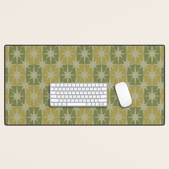 Mid Century Modern Atomic Stars Retro Checkered Starburst Pattern in Vintage Olive Green Tones Desk Mat Gallery Image 1