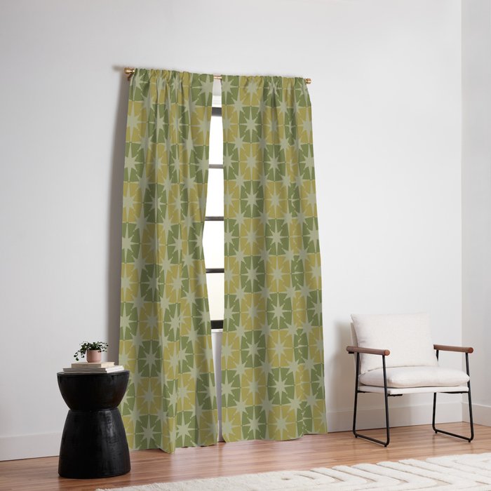 Mid Century Modern Atomic Stars Retro Checkered Starburst Pattern in Vintage Olive Green Tones Window Curtain Gallery Image 6