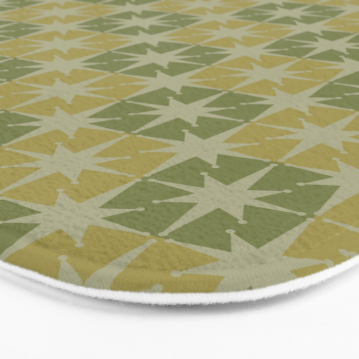 Mid Century Modern Atomic Stars Retro Checkered Starburst Pattern in Vintage Olive Green Tones Bath Mat Gallery Image 3