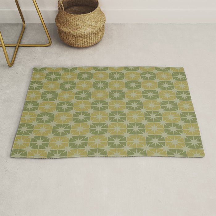 Mid Century Modern Atomic Stars Retro Checkered Starburst Pattern in Vintage Olive Green Tones Rug Gallery Image 1