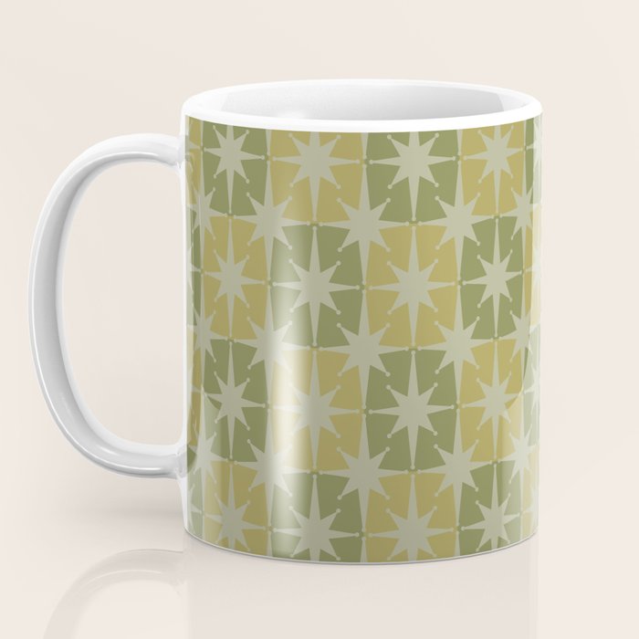 Mid Century Modern Atomic Stars Retro Checkered Starburst Pattern in Vintage Olive Green Tones Coffee Mug Gallery Image 3