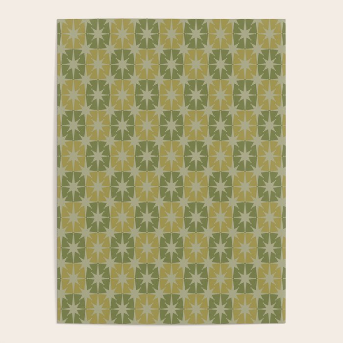 Mid Century Modern Atomic Stars Retro Checkered Starburst Pattern in Vintage Olive Green Tones Poster Gallery Image 4