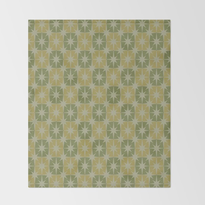 Mid Century Modern Atomic Stars Retro Checkered Starburst Pattern in Vintage Olive Green Tones Throw Blanket Gallery Image 2
