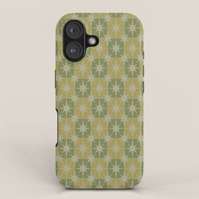 Mid Century Modern Atomic Stars Retro Checkered Starburst Pattern in Vintage Olive Green Tones iPhone Case Gallery Image 1