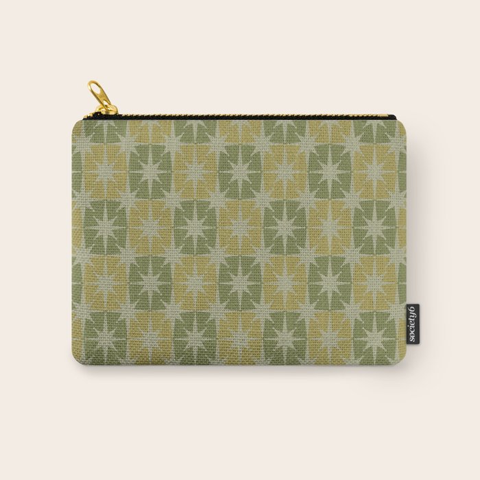Mid Century Modern Atomic Stars Retro Checkered Starburst Pattern in Vintage Olive Green Tones Carry All Pouch Gallery Image 1