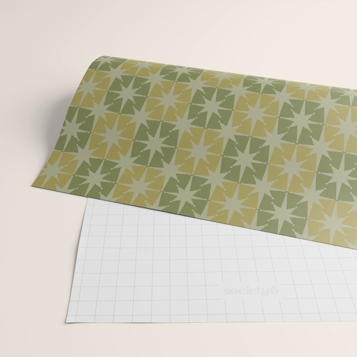 Mid Century Modern Atomic Stars Retro Checkered Starburst Pattern in Vintage Olive Green Tones Wrapping Paper Gallery Image 2