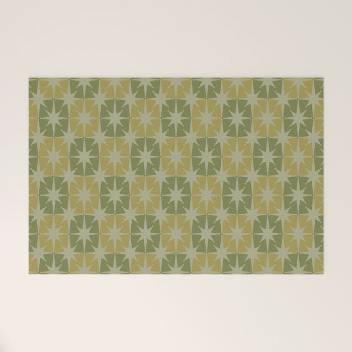 Mid Century Modern Atomic Stars Retro Checkered Starburst Pattern in Vintage Olive Green Tones Welcome Mat Gallery Image 1