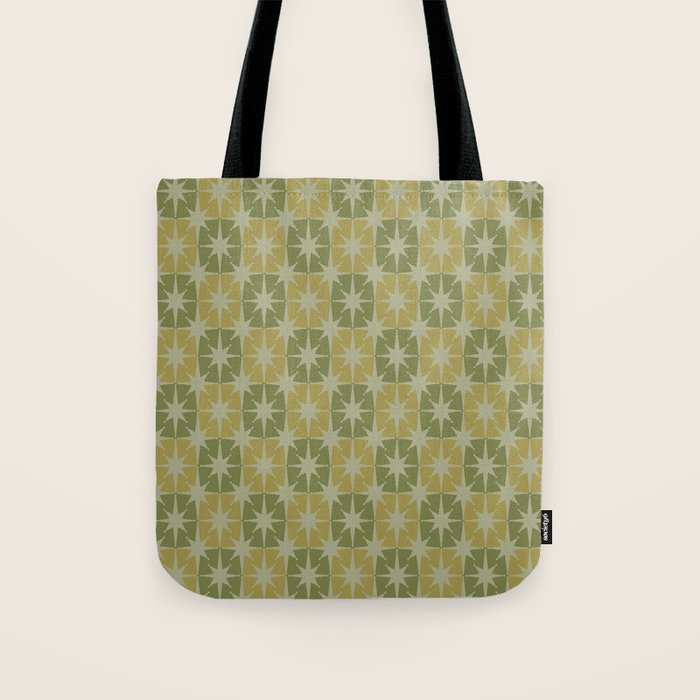Mid Century Modern Atomic Stars Retro Checkered Starburst Pattern in Vintage Olive Green Tones Tote Bag Gallery Image 1