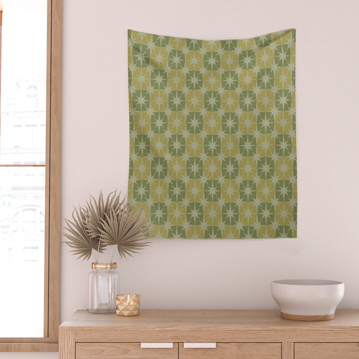 Mid Century Modern Atomic Stars Retro Checkered Starburst Pattern in Vintage Olive Green Tones Wall Tapestry Gallery Image 2