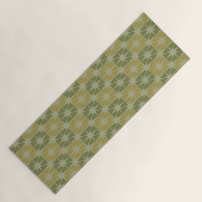 Mid Century Modern Atomic Stars Retro Checkered Starburst Pattern in Vintage Olive Green Tones Yoga Mat Gallery Image 1