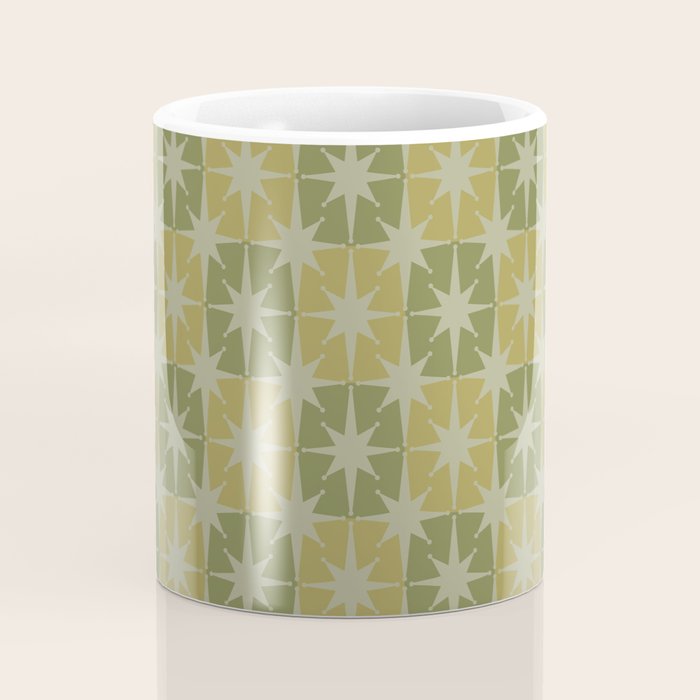 Mid Century Modern Atomic Stars Retro Checkered Starburst Pattern in Vintage Olive Green Tones Coffee Mug Gallery Image 4
