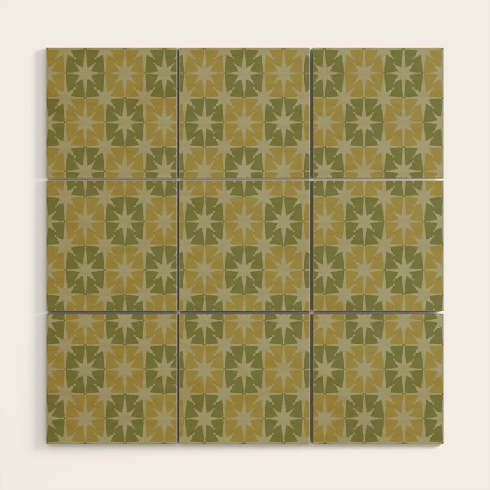 Mid Century Modern Atomic Stars Retro Checkered Starburst Pattern in Vintage Olive Green Tones Wood Wall Art Gallery Image 1