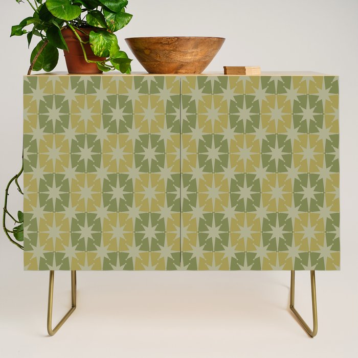 Mid Century Modern Atomic Stars Retro Checkered Starburst Pattern in Vintage Olive Green Tones Credenza Gallery Image 1