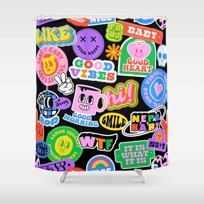 Retro cartoon sticker label pattern Shower Curtain Gallery Image 1