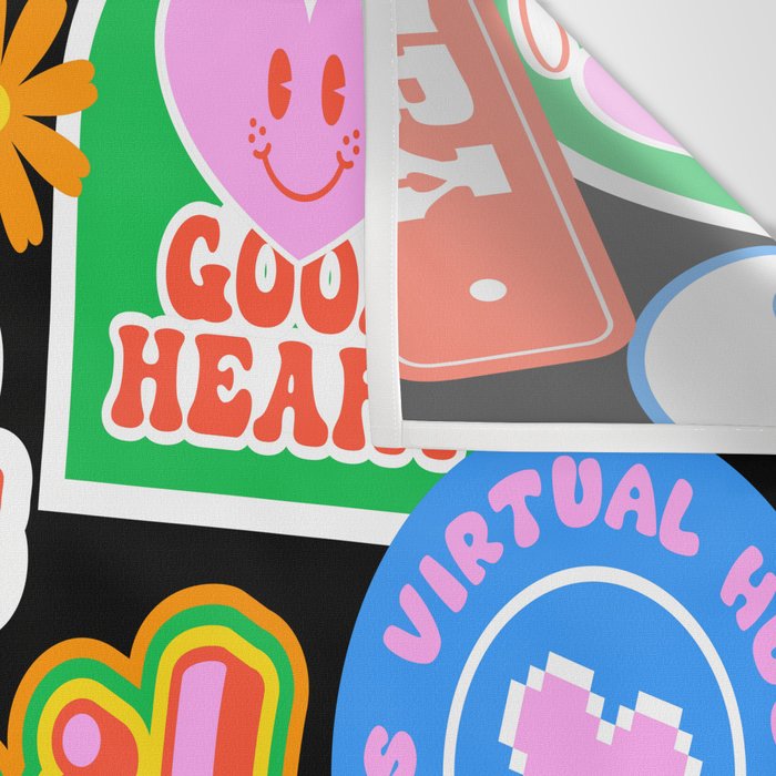 Retro cartoon sticker label pattern Wall Tapestry Gallery Image 3