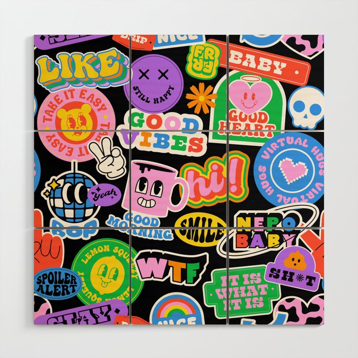 Retro cartoon sticker label pattern Wood Wall Art Gallery Image 1