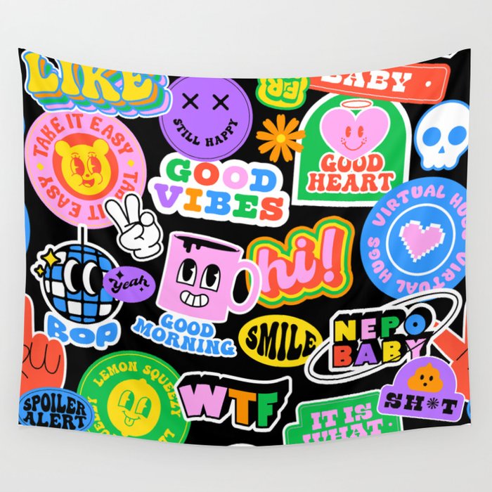 Retro cartoon sticker label pattern Wall Tapestry Gallery Image 4